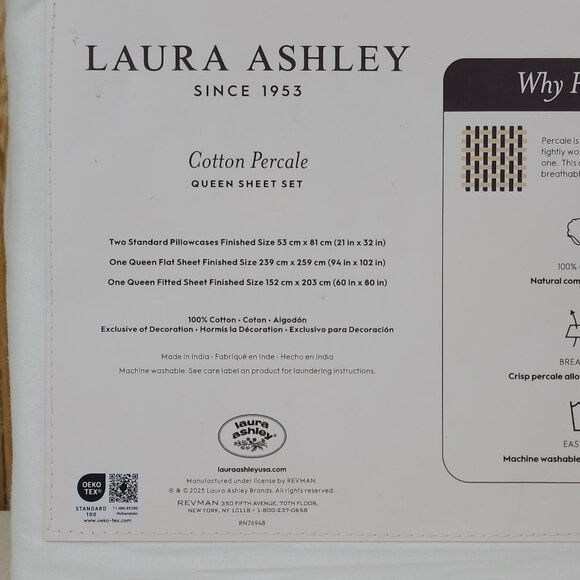 Laura Ashley Queen Sheet Set Cotton Percale Green Heart Embroider Cool Air Flow - Picture 8 of 10